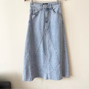 IToo Fashion Maxi Denim Skirt A-line Patchwork Design Women’s size XS Light Blue